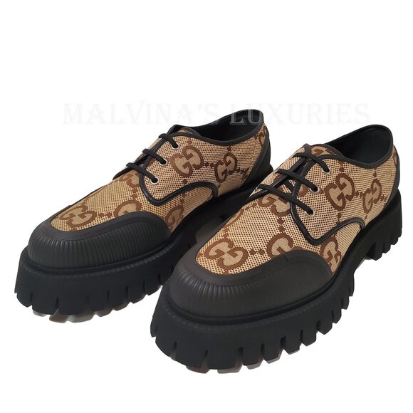 GUCCI SHOES MENS MAXI GG CANVAS LACE-UP LOAFERS w LUG SOLE - Picture 7 of 15